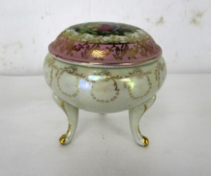 Candy Dish Bowl with Lid Centerpiece Marked Porcelain Tripod Victorian Scene Romantic Lovely
