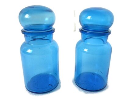 2 Vintage glass containers Bubble Lid Jar Apothecary Bottles Blue Belgium