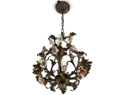 Italian Chandelier 4 arm Lights Ornate Brass Leafs Pink Porcelain Flower Wreath