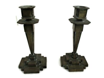 Antique Bauhaus Art Nouveau Candle Sticks Candle Holders Brass Signed Extremely rare Pieces of art