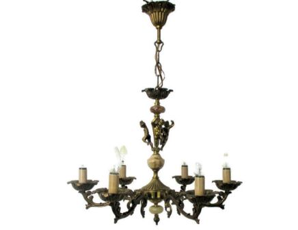 Stunning Chandelier 6 Lights Arms Putti Hollywood Regency Brass Marble Gorgeous