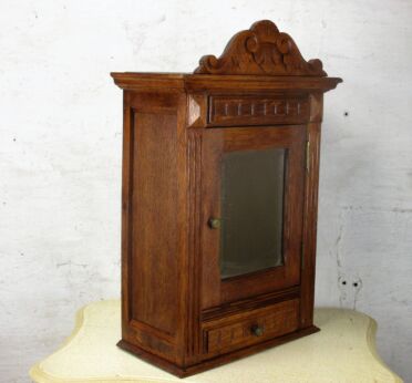 Ornate Wood Medicine Wall Cabinet Apothecary Beveled Glass Mirror Pediment
