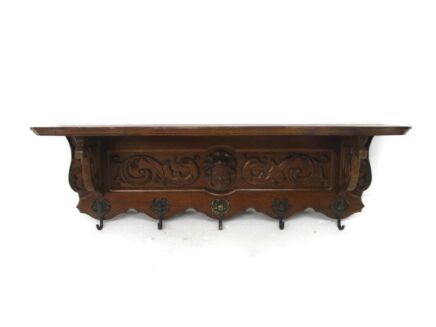 Hand Carved Wood French Oak Wall Shelf Coat Kitchen Rack Breughel Style 50s
