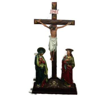 XXL Church Quality 19th C Plaster Calvary Group Crucifix John Mary Magdalene