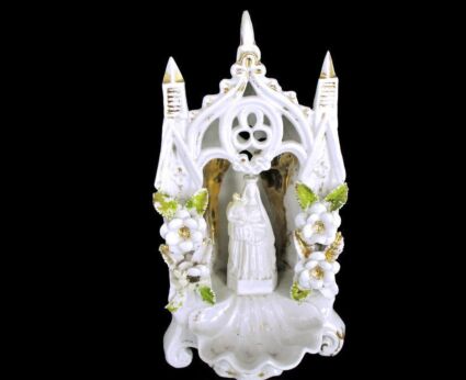 French Standing Holy Water Font Vessel Bisque Porcelain Virgin & Infant Madonna Collector HTF