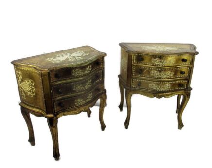 Couple Pair Chest of Drawers Florentine Wood Nightstand End Table Hall Cabinets Gold Gilded White