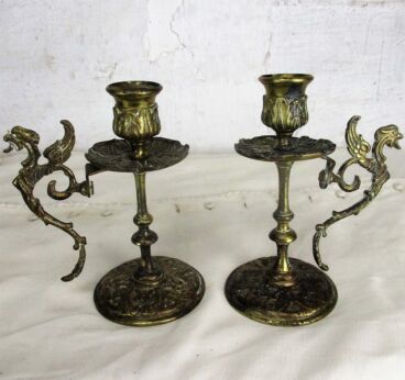 S Couple Pair Vintage Gothic Brass Ornate Candle Holders Stick Dragons Griffins