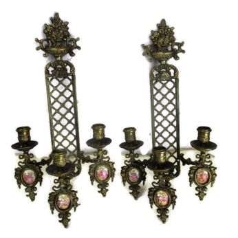 Pair French Brass Triple Wall Sconces Candelabras Victorian era Limoges Sevres