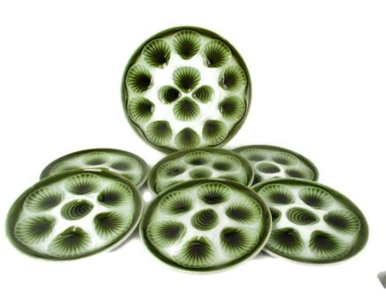 Moulin des Loups Set of 6 French Oyster Plates + 1 Large Porcelain Faience