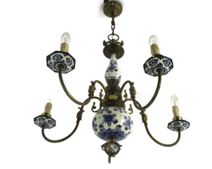 Dutch Delft Blue White Porcelain Ornate Brass Chandelier 5 Lights Arm Farmhouse