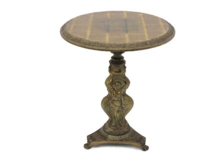 Three Graces Ornate Brass Pedestal Table Plant Stand Side Wine Coffee Table Hollywood Regency Wooden Top