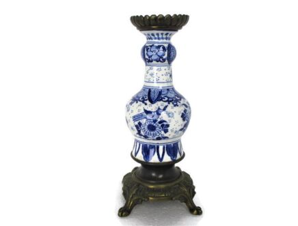 Vase Delft Holland Blue White Porcelain Brass Base and Top Centerpiece Candle Holder Rare Birds