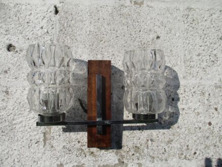 Vintage Mid Century Double Wall Sconce Lamp Light Clear Bubbled Glass Rosewood