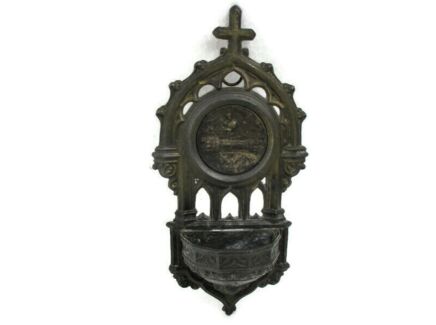 Antique Small Spelter Embossed Holy Water Font Saint Francis? Wall Hanging Beautiful rare Collector