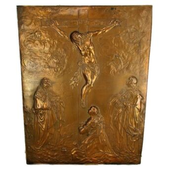 Extremely HTF Wall Hanging Plaque Hammered Brass Calvary Saints Monsters Christ