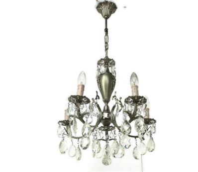 Vintage Chandelier 5 Lights Arms Art Glass Prisms Spelter Hollywood regency