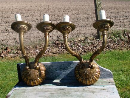 Pair of Vintage Ornate Brass Two-Arm Wall Sconces Sleeves