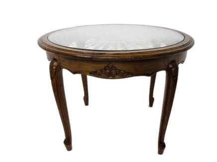 Round Side Display Coffee Table hand Carved Wood Flowers Glass Rush Top