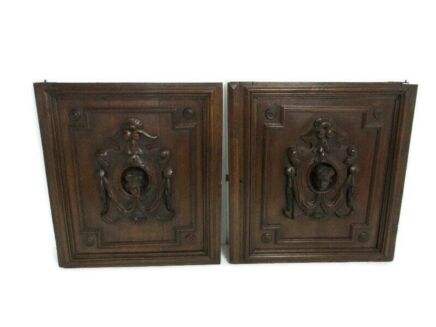 Pair Antique French hand Carved Oak   Door Panels Reclaimed Architectural Salvaged Breton Style Figurine Heads Beautiful