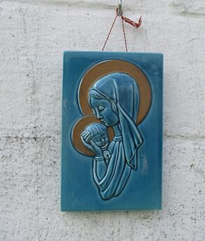 Lovely Ceramic Tile Wall Hanging Plaque Virgin Mary Holy Mother Aqua blue