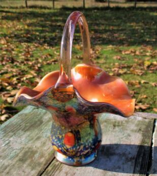 Rare Bohemian Art Glass Iris Decor Millefiori Basket era Loetz Kralik Art Deco