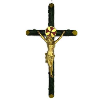Large Polychrome hanging Wall Crucifix Wood Brass Corpus Jesus Christ HTF 25.19"