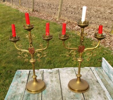 Couple Antique Brass Ornate 3 Arm Candle Holders Candelabra Church Shield