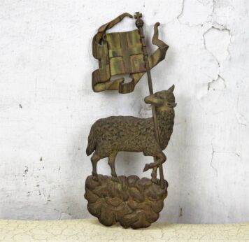 Antique Brass Ornate plaque Lamb of God Agnus Dei Banner 19th C 11.41"