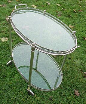 Small Stunning Vintage Bar Cart Retro Glass Brass Cocktail Bar Tea Cart Oval