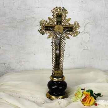 Vintage Wood Ceramic Jesus Christ Table Standing Crucifix Ormolu Lamb of God