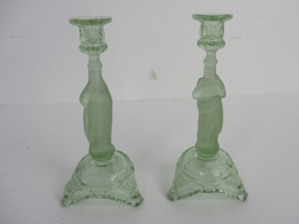 Couple Green Depression Glass Vintage Candle Holders Jesus Christ Madonna HTF
