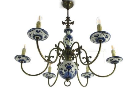 Dutch Delft Blue White Chandelier Porcelain Ornate Brass 6 Lights Arm Farmhouse