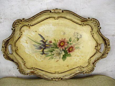 Mid Century Hollywood Regency Florentine Serving Tray Wood White Flowers