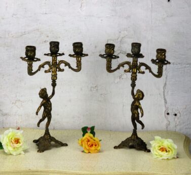 Couple Vintage Brass Ornate 3 Arm Candle Holder Candelabra Putti Cherub Eros