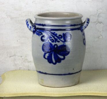 Large Antique French Stoneware Earthenware Crock Jar Lard Cobalt gray Decoration
