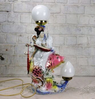 Exceptional Gorgeous Table Lamp Geisha Fish Porcelain Working