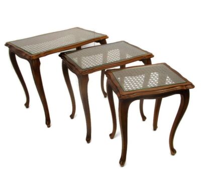 Vintage set of 3 Wooden Nesting Side Tables Cane Rush Glass Table Tops Modernist