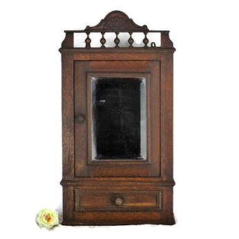 Hand Carved Oak Medicine Wall Cabinet Apothecary Spindles Beveled Glass Mirror