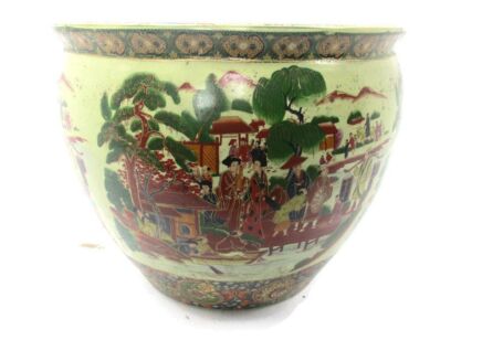 XL Vintage Chinese Porcelain Enamel  Koi Fish Bowl Planter Vase  Cachepot Landscape Gorgeous