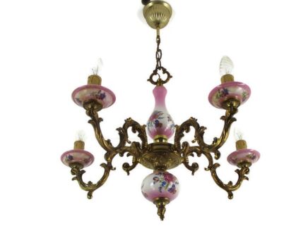 Chandelier 6 Arms Lights Ceramic Porcelain Brass Italian Style Flowers Romantic