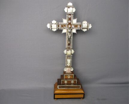 Vintage Standing Crucifix with relics from the cross Mother of Pearl Wood WOW
