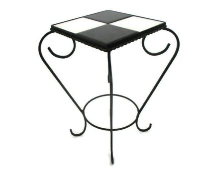 Vintage Small Side Table Plant stand Mosaic tiles Checkered pattern Wrought Iron Funky