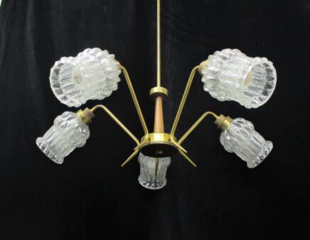 Mid Century Spider Chandelier 5 Lights Arms Wood Brass Frosted Glass Shades