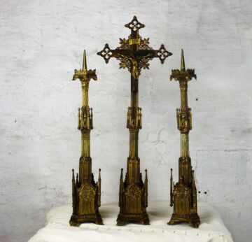 XL Antique Altar Set Crucifix 2 candle Sticks Cross Christ Church Neo Gothic HTF