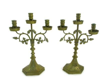 Couple Candle Holders Brass Leafs Ornate Religious Church Candelabra 3 arm