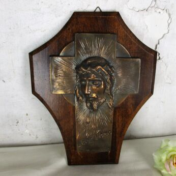 Vintage Hanging Crucifix Wood Copper Jesus Christ Head of Thorns Ecce Homo