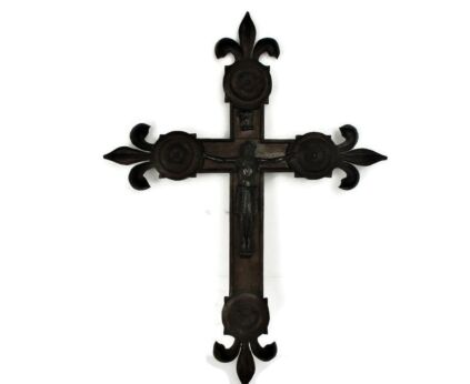 French Vintage Ornate hand Carved Wood Oak Hanging Crucifix Cross Jesus Christ Copper Corpus Fleur de Lis Lys 25.19"