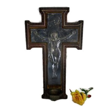 Antique Hanging Wall Crucifix Holy Water Font Signed Collector Brass HTF