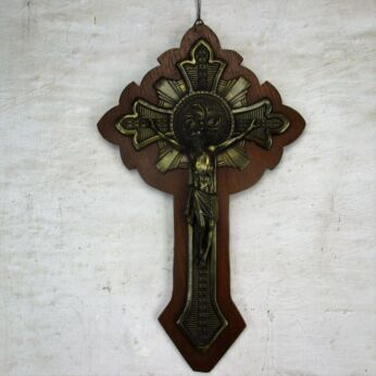 Hanging Crucifix Brass on Wood Jesus Christ art deco 1920s 15.35"