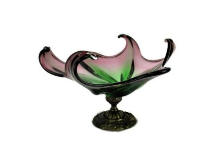 Gorgeous Art Glass Centerpiece Bowl Fruit Dish Green Cranberry Brass Pedestal